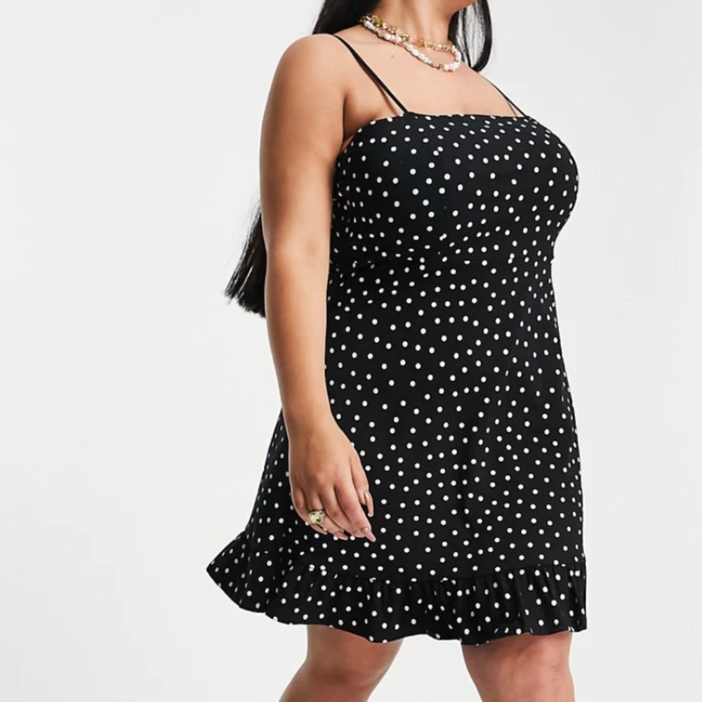 ASOS DESIGN Curve strappy sundress with pep hem in mono polka dot US16